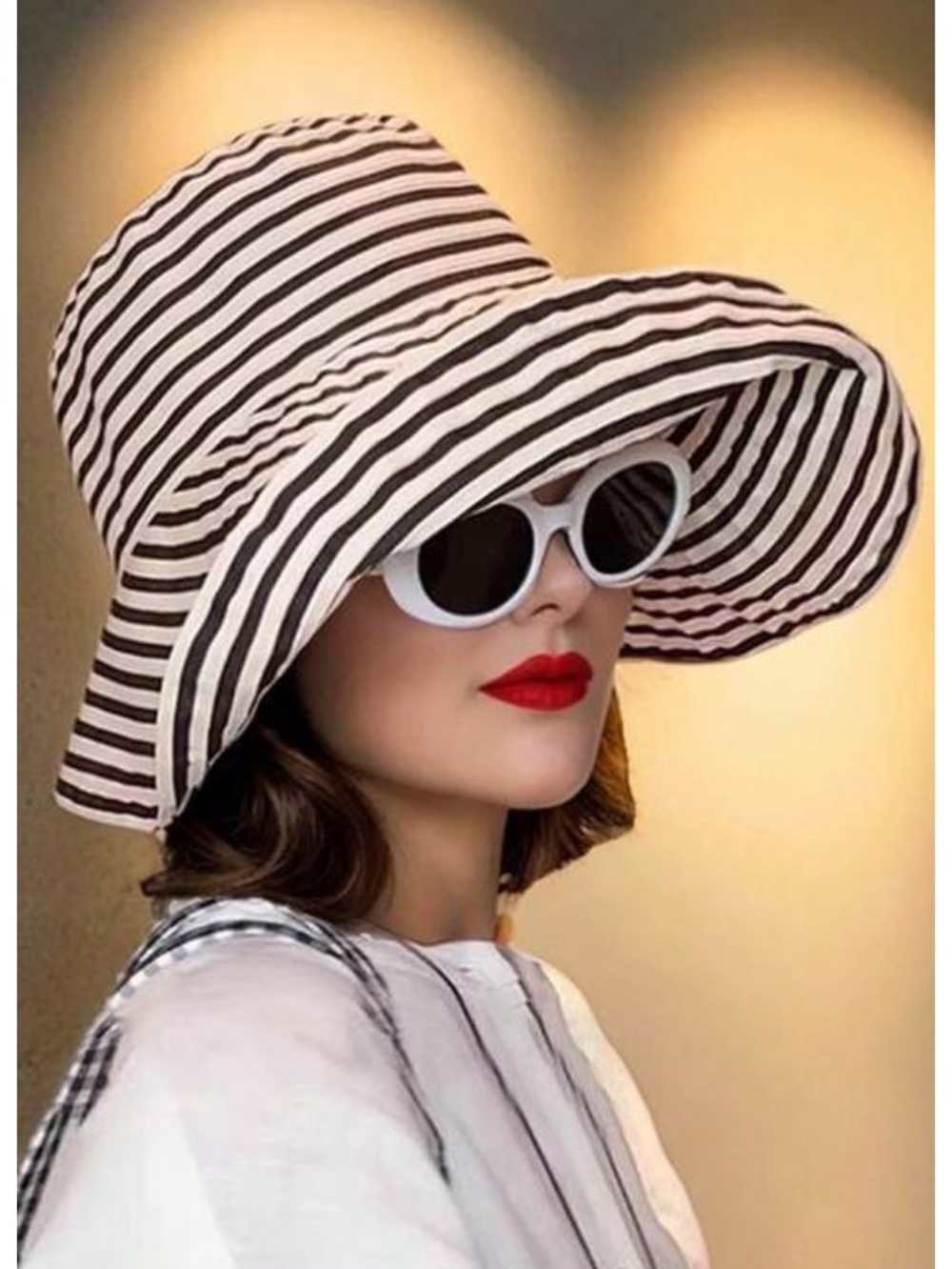 Striped Wide-Brim Sun Hat - Brown & White nwt